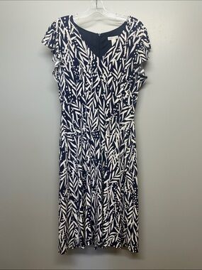 London Times Navy & White Leaf-Print Midi Dress